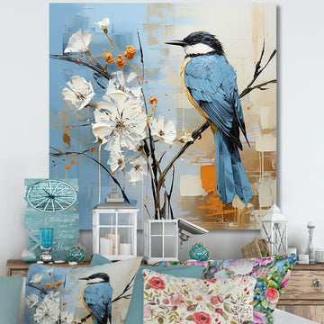 Blue Bird Minimalism White Flowers - Blue Bird Floral Wall Art